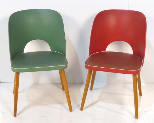 Pair MID CENTURY RED & GREEN SIDE CHAIRS: Maple legs. Vinyl upholstery. Good condition. 29 1/2"h. x 17 1/2"w. x 18"d.