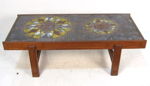 BELARTI CERAMIC ART TILE TOP COFFEE TABLE: Wear to finish. Signed Belarti. 17 3/4"h. x 56 3/4"w. x 26"d.