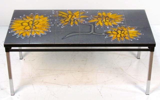 ITALIAN MODERN CERAMIC ART TILE COFFEE TABLE: Very good condition. 16"h. x 36 3/4"w. x 18"d.