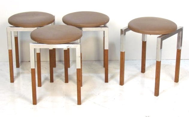 4 LA COMPAGNIE MODERN TEAK & CHROME STOOLS: Teak and chrome. Very good condition. 19"h. x 14 1/4"w. x 14 1/4"d.