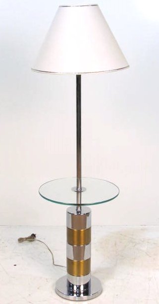 PAUL EVANS STYLE CHROME & BRASS LAMP TABLE: Very good condition. 58 1/4"h. x 16"diam.