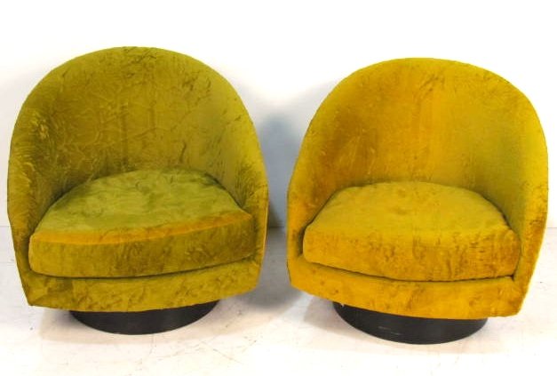 Pair 1960's MILO BAUGHMAN STYLE LOUNGE CHAIRS: Worn upholstery. Good condition. 30"h. x 30"w. x 34"d.