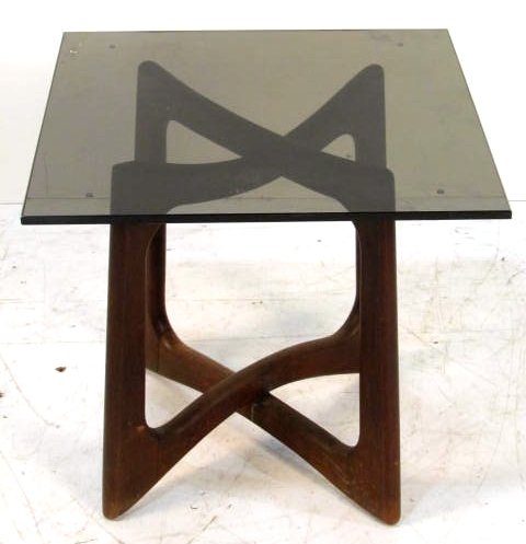 ADRIAN PEARSALL GLASSTOP TABLE: Fair condition. Replaced glass top with drilled holes.20 1/2"h. x 22"w. x 22"d.