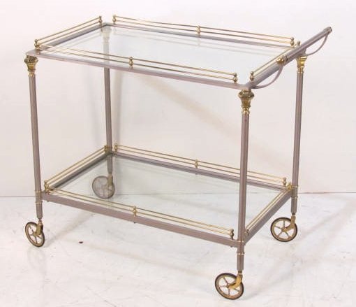 MID CENTURY DIRECTOIRE STYLE BAR CART: Brushed steel and brass. Good condition. 33"h. x 36 1/4"w. x 20 1/2"d.