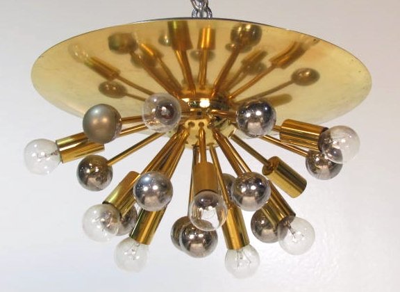 SPUTNIK STYLE CEILING MOUNT LIGHT FIXTURE: Chrome and brass plated metal. Good condition. 8 1/2"h. x 17" diameter.