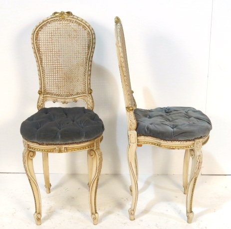 Pair FRENCH DISTRESS PAINTED CANED BACK CHAIRS: Loose frames. Distress paint with wear. 13"h. x 19 1/2"w. x 17"d.