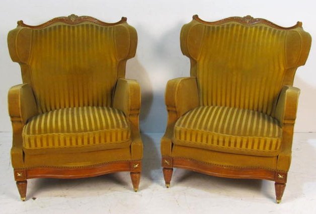 Pair JANSEN FRENCH REGENCY STYLE BERGERES: Mohair with gentle wear. Worn finish. Good condition. 34 3/4"h. x 28"w. x 32"d.