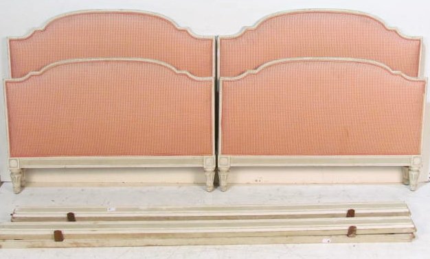 Pair ANTIQUE FRENCH LOUIS XVI STYLE PAINTED TWIN BEDS: Distressed paint with wear. Good condition with rails. Headboard measures 38 1/2"h. x 43 1/4"w.