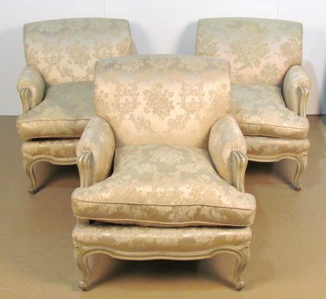 3 FRENCH CREAM PAINTED BERGERES: Worn fabric. Good condition. 31"h. x 30"w. x 36"d.