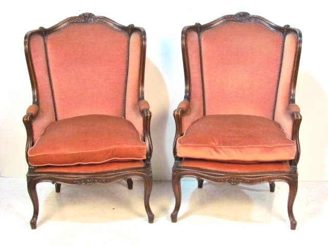 Pair LOUIS XV STYLE CARVED WALNUT BERGERES: Finely carved frame. Very good condition. 47 1/2"h. x 30 1/4"w. x 28"d.