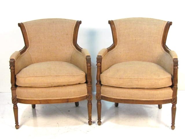 Pair LOUIS XVI STYLE WALNUT & BURLAP BERGERES: Very good condition. 34"h. x 27"w. x 27"d.