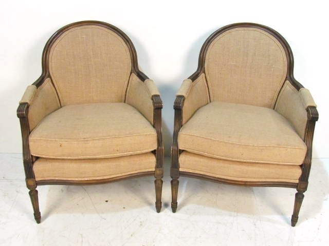 Pair LOUIS XVI STYLE BURLAP & WALNUT BERGERES: Recently upholstered. 25"h. x 25 3/4"w. x 27"d.