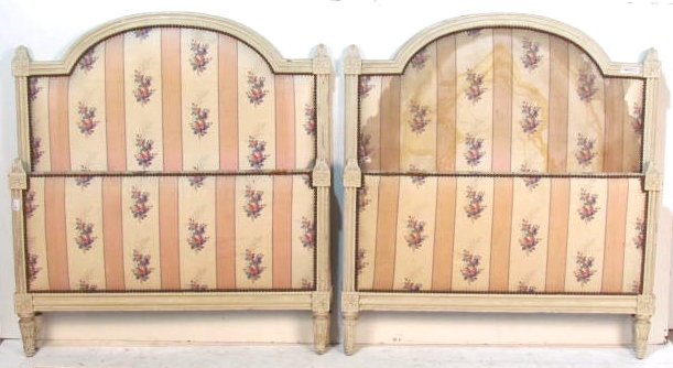 Pair ANTIQUE FRENCH LOUIS XVI STYLE PAINTED TWIN BEDS: Soiled fabric. Distressed paint with wear. Good condition with rails. 42 1/4"h. x 43"w. Inside measurements 75 1/2"l. x 40"w.