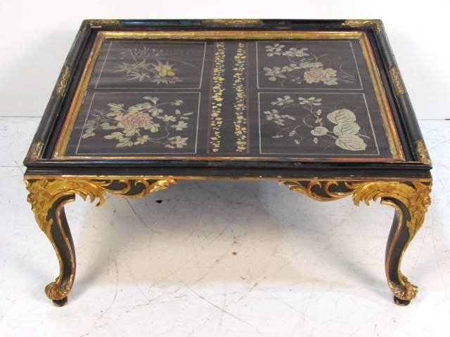ANTIQUE CHINOISERIE FRENCH EBONIZED COFFEE TABLE mann.: Paint loss. Ebonized and gilt. Some small damages. Wear to top. 14 1/2"h. x 32 1/2"sq.