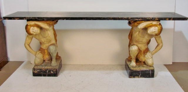 MAISON JANSEN FIGURAL MARBLETOP CONSOLE: Marble top. In illustration book #2. Wear and repairs. 36 1/2"h. x 96 1/2"w. x 21 3/4"d.