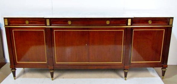 JANSEN DIRECTOIRE STYLE BRONZE MOUNTED MARBLETOP: Scratches. Repairs and staining to marble top. 39 1/4"h. x 94 1/2"w. x 21"d.
