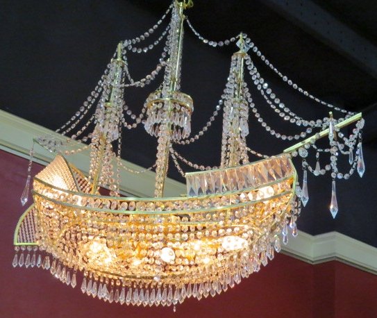 SWAROVSKI CRYSTAL GALLEON: Swarovski crystals. Rewiring recommended or may be required on all lighting.36 1/2"h. x 38"w.