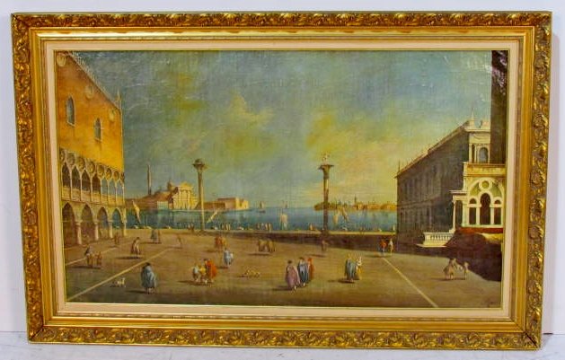 OIL PAINTING of VENETIAN HARBOR: Early 20th c. Oil on canvas. Age cracking on painting. Signed Mario. Frame 34 1/2"h. x 53 1/4"w. Stretcher 27"h. x 46"w.