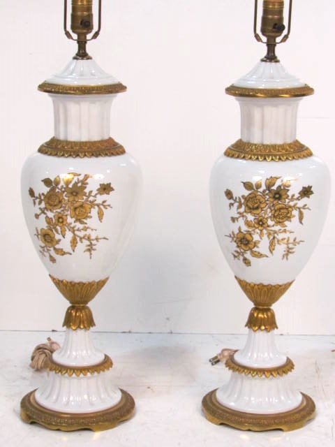 Pair SEVRES PORCELAIN BRASS MOUNTED TABLE LAMPS: Gilt decorations. Very good condition. Rewiring recommended or may be required on all lighting.26"h.