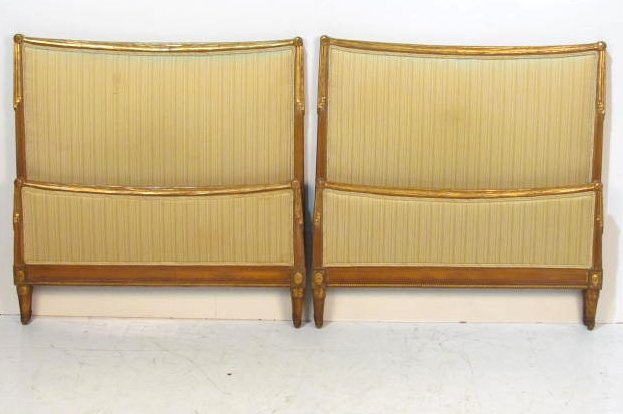 Pair JANSEN REGENCY STYLE WALNUT & GILT TWIN BEDS: Distressed gilt with wear. Very good condition. 42"h.