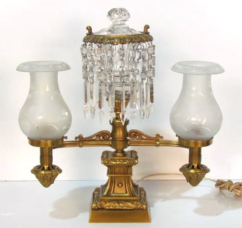 MESSENGER & SON BRONZE & CRYSTAL ARGON LAMP: Converted to electric. Missing one prism strand. Very good condition. Rewiring recommended or may be required on all lighting.20 1/2"h. x 19"w. x 9"d.