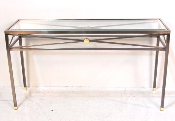 QUALITY DIRECTOIRE STYLE GLASSTOP CONSOLE SOFA TABLE: Beveled glass. Brass rosettes and caps. 28"h. x 51 1/2"w. x 16 1/2"d.