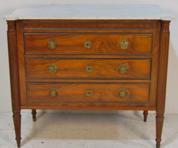 ANTIQUE DIRECTOIRE STYLE MARBLETOP BRONZE MOUNTED: Repaired marble. Missing hardware. 36 1/4"h. x 41 3/4"w. x 36"d.