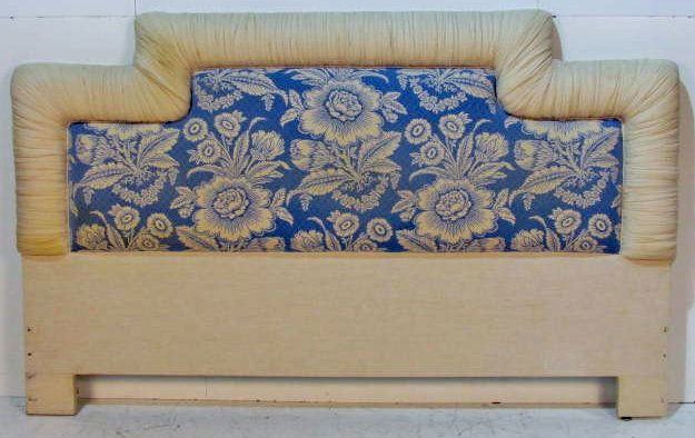 DOROTHY DRAPER STYLE UPHOLSTERED HEADBOARD: Soiled upholstery. 49"h. x 79"w.