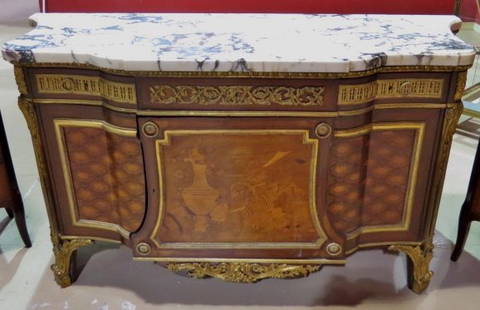 19th c. BRONZE MOUNTED MARBLETOP COMMODE: Bronze mounts. Marble top. Very good condition. 37"h. x 66"w. x 25 3/4"d.