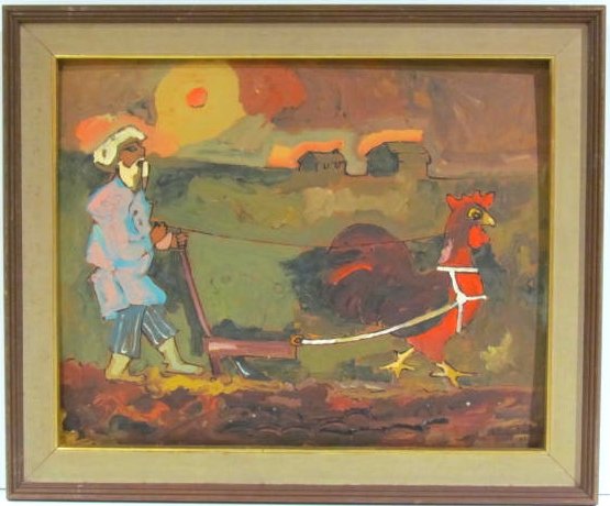 STERLING BOYD STRAUSER OIL PAINTING PLOWING with: Signed Strauser, 1963. Oil on board. Very good condition. Stretcher 16"h. x 20"w. Frame 19 1/2"h. x 23 1/2"w.