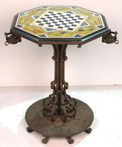 19th c. WROUGHT IRON TABLE w/ PIETRA DURA TOP: Inlaid marble and alabaster checkerboard top. Very good condition. 32 1/2"h. x 26 1/4"diam.
