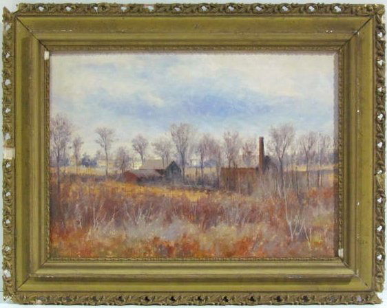 LANDSCAPE PAINTING "DEERING N.H." signed W.L. METCALF: Oil on canvas. Loosely mounted on cardboard. Bears the signature W.L. Metcalf. Titled in pencil on border "Deering April 18/96". Good condition. 10 3/4"h. x 15"w.