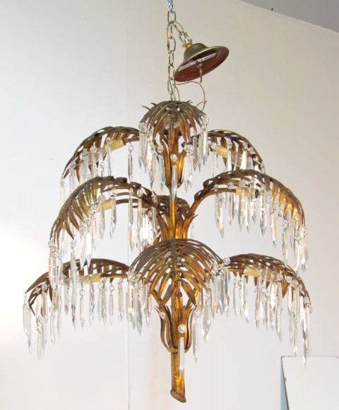 ITALIAN GILT IRON PALM LEAF CHANDELIER: Missing some prisms. Good condition.Rewiring recommended or may be required on all lighting. 27"h. x 32"diam.