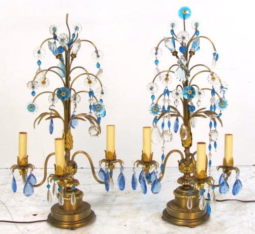 Pair FRENCH REGENCY STYLE CANDELABRA LAMPS: Blue and clear prisms. Missing some prisms. Good condition.Rewiring recommended or may be required on all lighting. 26"h.