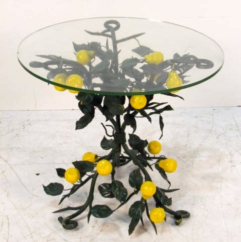 ITALIAN WROUGHT IRON GLASSTOP TABLE w/ PEARS: Chip on glass. Good condition. 24"h. x 26"diam.