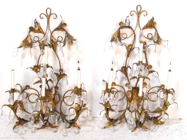 Pair 32" ITALIAN IRON GILT SCONCES w/ PRISMS: Missing some prisms. Very good condition. Rewiring recommended or may be required on all lighting.32"h.
