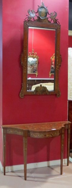 19th c. EDWARDIAN ADAMS STYLE DEMILUNE CONSOLE & MIRROR: Wear and damages. 31 1/2"h. x 48"w. x 27"d.
