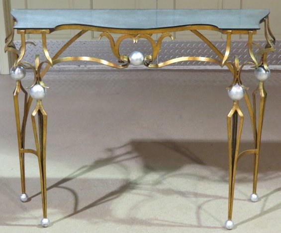 PARZINGER/PONTE STYLE METAL & MIRRORTOP CONSOLE TABLE: Smoked mirror top. Gilt metal base. 30 1/4"h. x 38"w. x 14"d.
