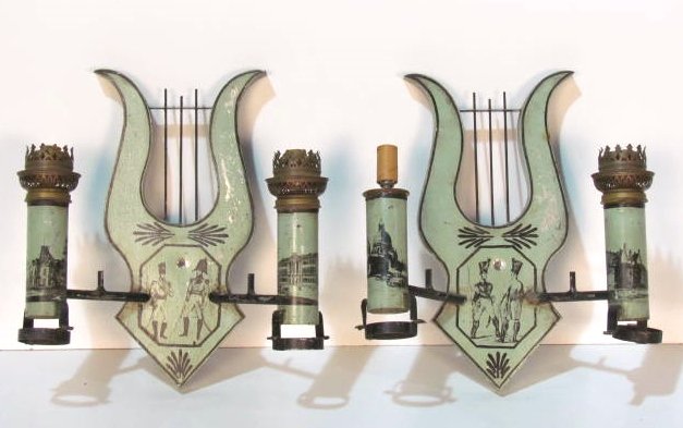 Pair ANTIQUE TOLE METAL SCONCES: One missing fixture. Distress paint with wear. Fair condition. 13"h.x 12 1/2"w. x 5 1/2"d.