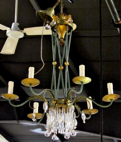 DIRECTOIRE STYLE GREEN PAINTED & GILT CHANDELIER: Missing some prisms. Missing one gilt leaf on top. Good condition. Rewiring recommended or may be required on all lighting.30"h. x 28"diam.