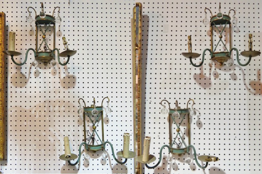 4 DIRECTOIRE STYLE GREEN PAINTED & GILT SCONCES: Fixtures need replacing. Good condition. Rewiring recommended or may be required on all lighting.12"h. x 14"w. x 6 1/2"d.