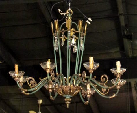 DIRECTOIRE STYLE GREEN PAINTED & GILT CHANDELIER: Missing one prism. Missing socket covers. Good condition.Rewiring recommended or may be required on all lighting. 27"h. x 30"diam.