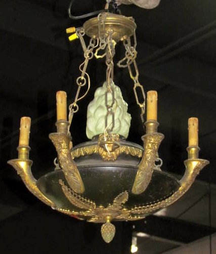 FRENCH EMPIRE STYLE CHANDELIER w/ LION HEADS: Bronze and metal. Worn finish. Good condition. Rewiring recommended or may be required on all lighting.24"h. x 20"diam.