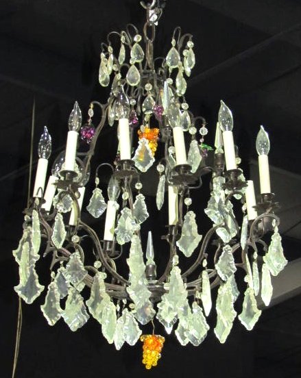 FRENCH BRONZE & CRYSTAL BIRDCAGE CHANDELIER: Missing a few prisms. Very good condition. Rewiring recommended or may be required on all lighting.31"h. x 24"diam.
