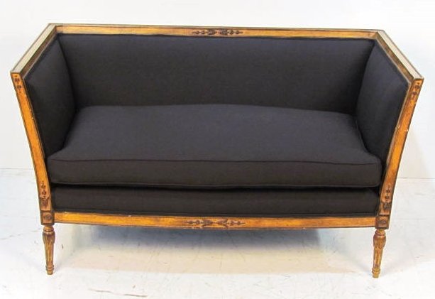 LOUIS XVI STYLE DISTRESS PAINTED LOVESEAT: Distress paint with wear. Very good condition. 29"h. x 52 3/4"w. x 30"d.