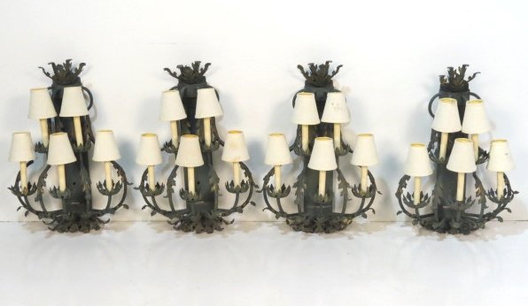 4 FRENCH STYLE GREEN TOLE PAINTED IRON SCONCES: Distressed paint and gilt. Good condition. 30"h. x 21"w.