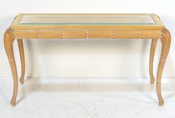 ITALIAN REGENCY STYLE GLASSTOP SOFA TABLE: Some minor blemishes. Beveled glass top. Very good condition. 29"h. x 55"w. x 21"d.
