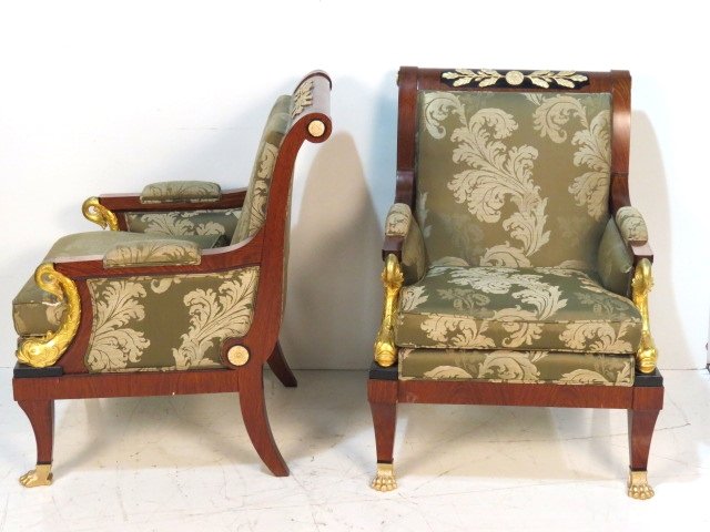 Pair FRENCH EMPIRE STYLE BRONZE MOUNTED BERGERES w/: Gilt bronze mounts. Veneer damage on bottom skirts. Good condition. 39"h. x 29"w. x 35"d.