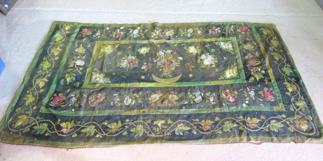 ANTIQUE 51" X 93" AUBUSSON RUG: Lots of damages. Reduced size. Poor condition.