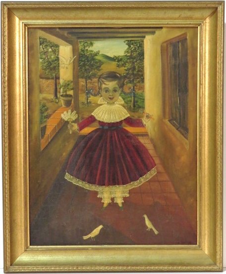 AGAPITO LABIOS MEXICAN PAINTING of YOUNG GIRL w/ BIRD: Signed A. Labios. Oil on board. Very good condition. 23"h. x 18"w. Frame 27 3/4"h. x 22 1/2"w.